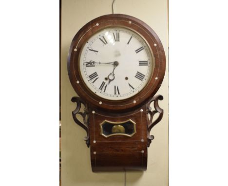 19th Century American rosewood, metal and mother-of-pearl inlaid drop dial wall clock having Roman dial, 67cm high  