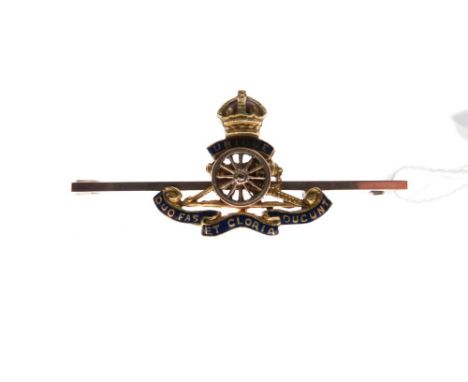Military Interest - Royal Artillery yellow metal and enamel bar brooch, stamped 9ct verso, 4.4g gross approx  