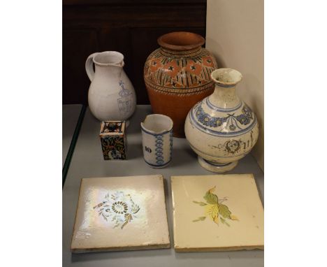 19th Century pottery drug jar, a Delft tea caddy, terracotta ovoid vase, pair of tiles, etc  