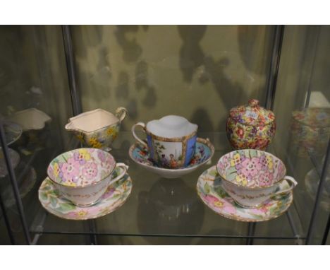 Dresden lobed tea cup and saucer, pair of Tuscan tea cups and saucers, and a Royal Doulton Chintz preserve pot and cover and 