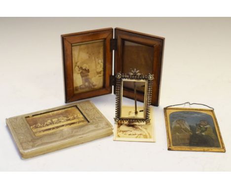 Alabaster souvenir of Milan, Victorian oval photographic portrait, another print of two ladies, triptych frame with two visit