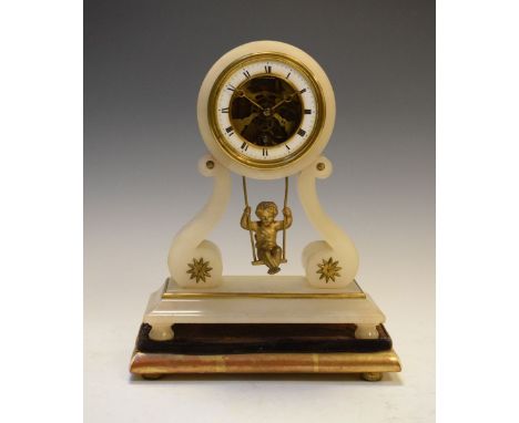 Late 19th Century alabaster mantel clock having Roman enamel chapter ring and cherub on a swing pendulum, on velvet and gilt 