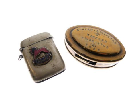 Local Interest - Early 20th Century brass oval snuff box, the lid stamped Edward Hollister Winford Nr. Bristol 1905, 7cm wide