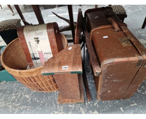 A LOG BASKET, A CABIN TRUNK, ENAMEL WARES, ETC. 