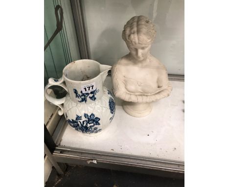 AN 18th C. WORCESTER BLUE AND WHITE MASK JUG TOGETHER WITH A PARIAN BUST OF THE CLYTIE