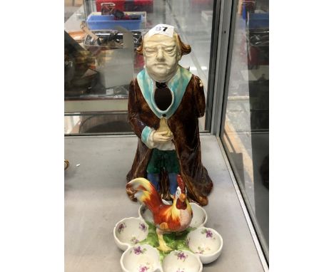 A 19th CENTURY MAJOLICA MR. PICKWCK LARGE PITCHER AND AN EGG CARRIER. 