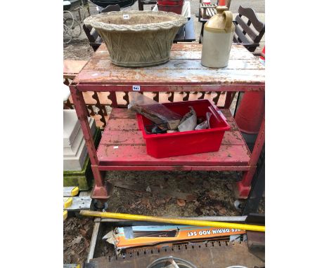 A STEEL TOOL TROLLEY AND A WINE RACK. 