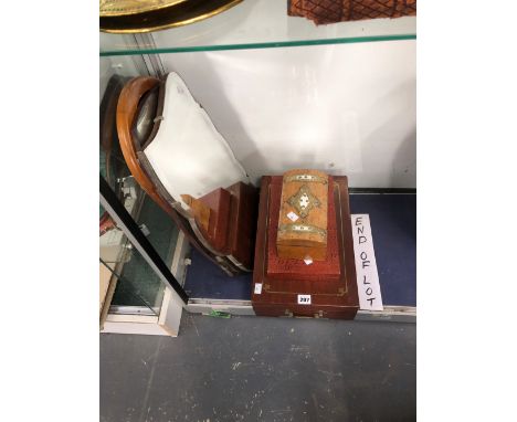 A WALNUT TEA CADDY, A BRASS INLAID MAHOGANY BOX, A BACKGAMMON BOARD AND THREE MIRRORS