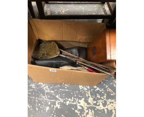 A BOX OF VARIOUS TOOLS AND AN 18th C. BRASS AND IRON SKIMMER