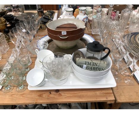 DRINKING GLASS, STONE WARE POURING BOWLS, TWO PLATTERS, TEA CUPS AND SAUCERS, ETC.