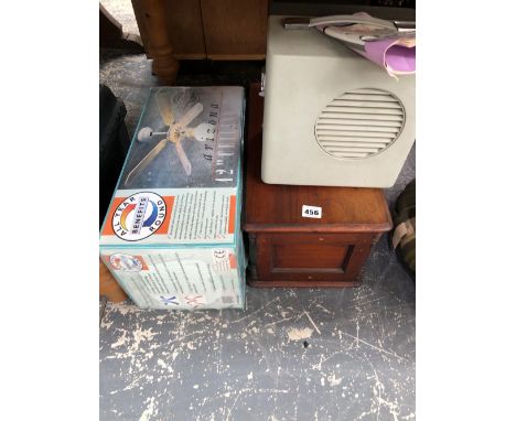 AN ARIZONA CEILING FAN, A BROWNIE 8 FILM PROJECTOR, A WOODEN BOX AND A PLASTIC TOOL BOX