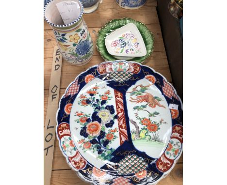 TWO JAPANESE IMARI DISHES, TWO PLATES AND A POOLE VASE