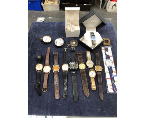 TWO GARRARD PRESENTATION WATCHES, A 9ct GOLD HEAD ONLY EVERITE WATCH, A HALLMARKED SILVER POCKET WATCH BY MURA, A H.SAMUEL IM