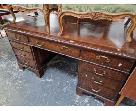 A GOOD QUALITY BURR WALNUT MAHOGANY TWIN PEDESTAL WRITING DESK. 77 x 153 x 90 cm