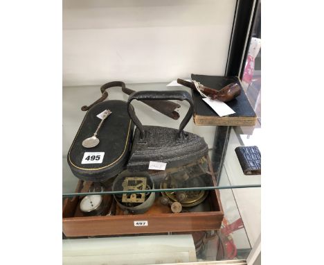 A CASED SILVER CHRISTENING SET, A CROOK, A CLOTHES IRON, A LIGHTER, A HAND WRITTEN EXPENSE BOOK FROM 1869 AND A BRIAR PIPE CA