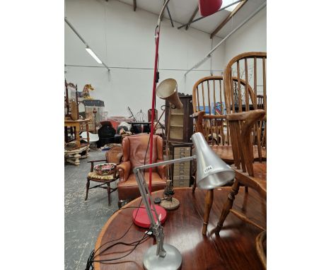 TWO ANGLE POISE LAMPS AND AN ADJUSTABLE FLOOR LAMP. 