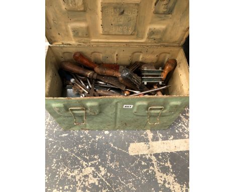 A STEEL TOOLBOX AND TOOLS.