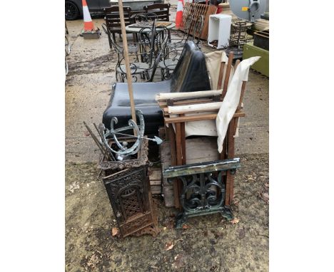 A CAST IRON CONSERVATORY HEATHER, BENCH ENDS, GARDEN TOOLS, A SUNDIAL ETC. 