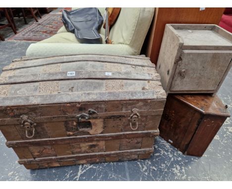 ANTIQUE DOME TOP CABIN TRUNK AND TWO SMALL CABINETS. 