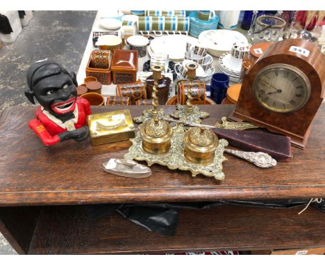 A BURR WOOD CASED MANTEL CLOCK, AN IRON MONEY BOX TOGETHER WITH BRASS WARE