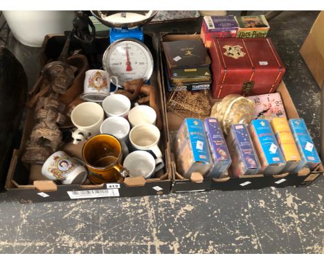 HARRY POTTER STEPHEN FRY CASSETTES, ROYAL COMMEMORATIVE MUGS, KITCHEN SCALES, AN AFRICAN WOODEN FIGURE, ETC.