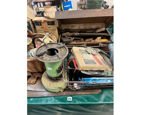 A LARGE COLLECTION OF VARIOUS VINTAGE TOOLS AND FIXINGS, SODA SYPHONS, TWO VALOR STOVES, AA BADGE, A BUDDHA FIGURE ETC.