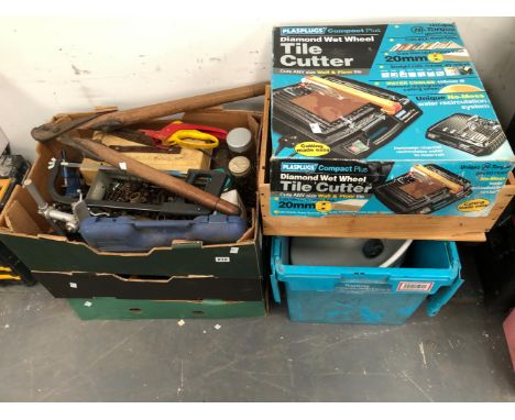 FIVE BOXES OF VARIOUS TOOLS AND FIXINGS INCLUDING A BOXED TILE CUTTER AND A BATHROOM BASIN. 