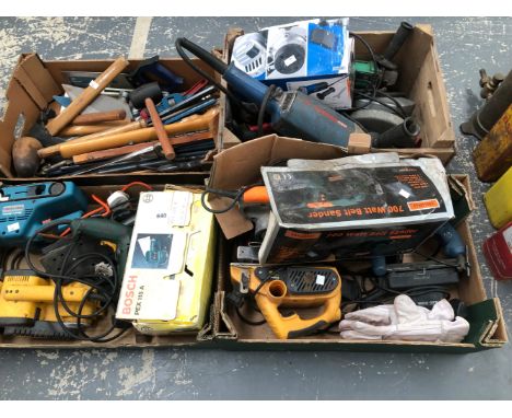 FOUR BOXES VARIOUS POWER TOOLS, LARGE DRILL BITS, HAMMER, AXES ETC.