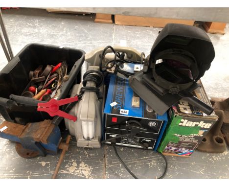 A ARK WELDER, BOX OF TOOLS AND WEIGHTS, A CLARKE COMPRESSOR ETC. 