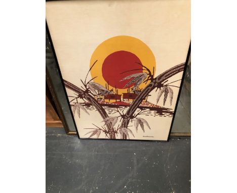 AN INTERESTING VINTAGE PRINT ON LINEN SIGNED INDISTINCTLY