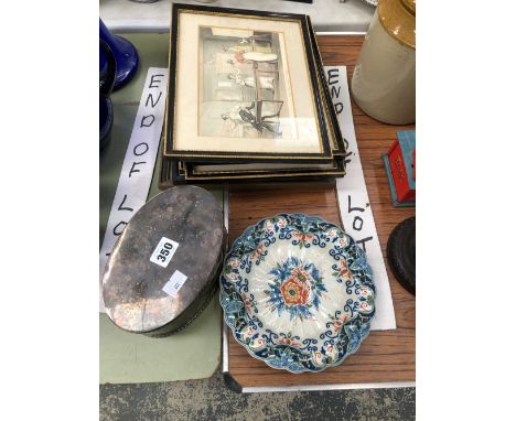 A ROWLANDSON PRINT, FOUR COURSING PRINTS, TWO OTHERS, A MAKKUM DELFT PLATE AND AN ELECTROPLATE BISCUIT BOX