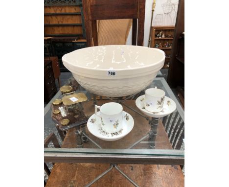 POSTAL SCALES, MEISSEN COFFEE CANS AND SAUCERS AND A MIXING BOWL