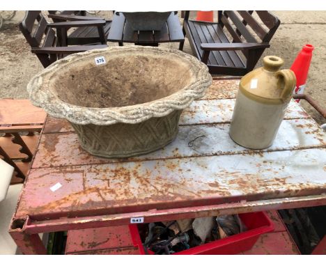 A LATTICE DECORATED GARDEN PLANTER, A FIRE GUARD, A FOLDING SMALL STEP UP, AND A FLAGON.