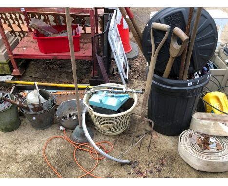 A QUANTITY OF TOOLS, GALVANIZED BUCKETS, A STRIMMER, ETC. 