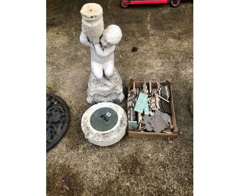 A BOX OF SHAPED TILES, AND A SUNDIAL ON CHERUB SUPPORT. 