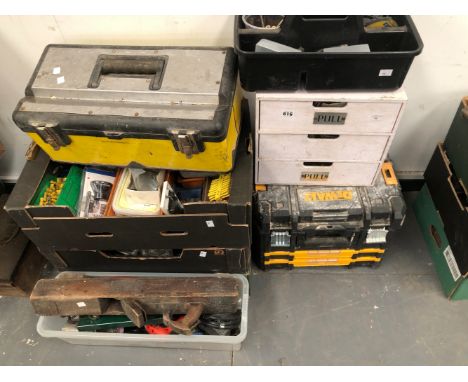 A DEWALT TOOL BOX, A QUANTITY OF ELECTRICAL AND OTHER FIXINGS ETC. 