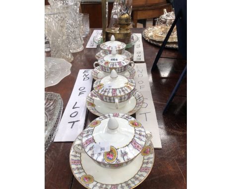 A BRASS WALL FITTING OIL LAMP, A GLASS CEILING SHADE, A BROWN GLASS EWER TOGETHER WITH FOUR AYNSLEY SOUP BOWLS COVERS AND STA