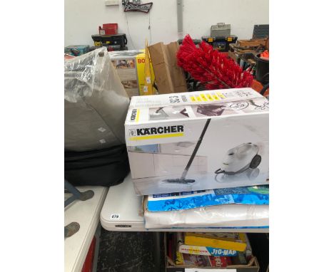 A KARCHER STEAM CLEANER A BLIND SPOT MIRROR A SET OF SCALES VARIOUS TOOLS INCLUDING AXLE STANDS, WHEEL CHOCKS ETC.