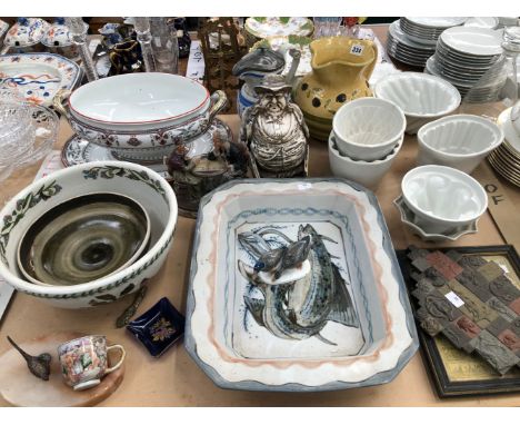 A STUDIO POTTERY DISH, JELLY MOULDS, JUGS, A PANEL OF POTTERY CAMEOS, A CHINESE COFFEE CUP, ETC.