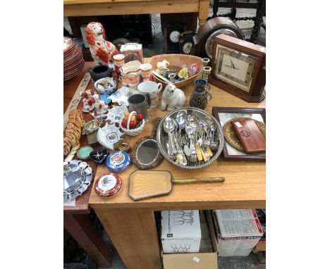 THREE CLOCKS, STAFFORDSHIRE SPANIELS, ELECTROPLATE CUTLERY, A DOULTON STONE WARE VASE, LIMOGES BOXES, ETC.