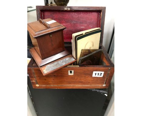 A MAHOGANY MATCH DISPENSER, A ROSEWOOD TEA CADDY, FOUR SMALL PAINTED GLASS PANELS TOGETHER WITH VICTORIAN PORTRAIT PHOTOGRAPH