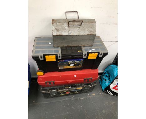 THREE LARGE TOOL BOXES AND CONTENTS AND A VINTAGE TIN TOOLBOX. 