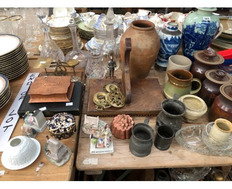 TWO CHINESE BLUE AND WHITE VASES, THREE DECANTERS, A SET OF LETTER SCALES, OTHER BRASS COPPER AND PEWTER, STORAGE JARS, ETC