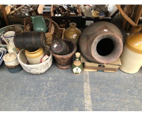 TWO CIDER KEGS, STONEWARE FLASKS, ENAMEL PIE TINS, A JUG, A BOWL AND A COPELAND 1911 CORONATION FLASK