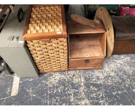 A SHOE CLEANING WOODEN BOX, 2 BASKETS, A TIN TRUNK, AN OTTOMAN FOOTSTOOL, A CHEESE BOARD, ETC