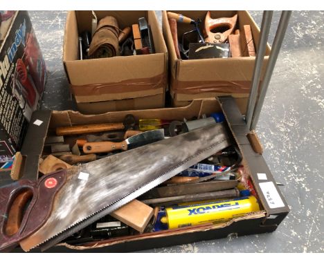 THREE BOXES OF TOOLS, SOME VINTAGE SMALL MILITARY CARTRIDGE BOX