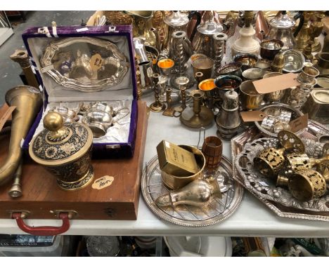BRASS WARES, TO INCLUDE CANDLESTICKS, BELLS AND JUGS, ELECTROPLATE, TO INCLUDE CANDELABRA, TEA AND COFFEE WARES.