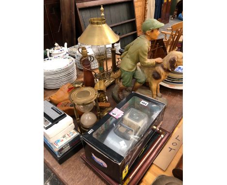 A PLASTER MODEL OF A BOY AND DOG, A CANDLESTICK TELEPHONE, TWO ELECTRONIC KEY BOARDS, A HOT WHEELS MODEL FERRARI, CERAMICS, A