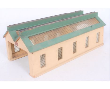 A Hornby Dublo prewar wooden green roof 2 road engine shed good for age (G)