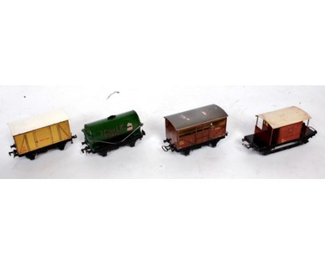 Prewar Hornby Dublo NE brake van, LMS cattle (F-G), and post war SR meat van and 'Power Ethyl' tank wagon with hand (G)